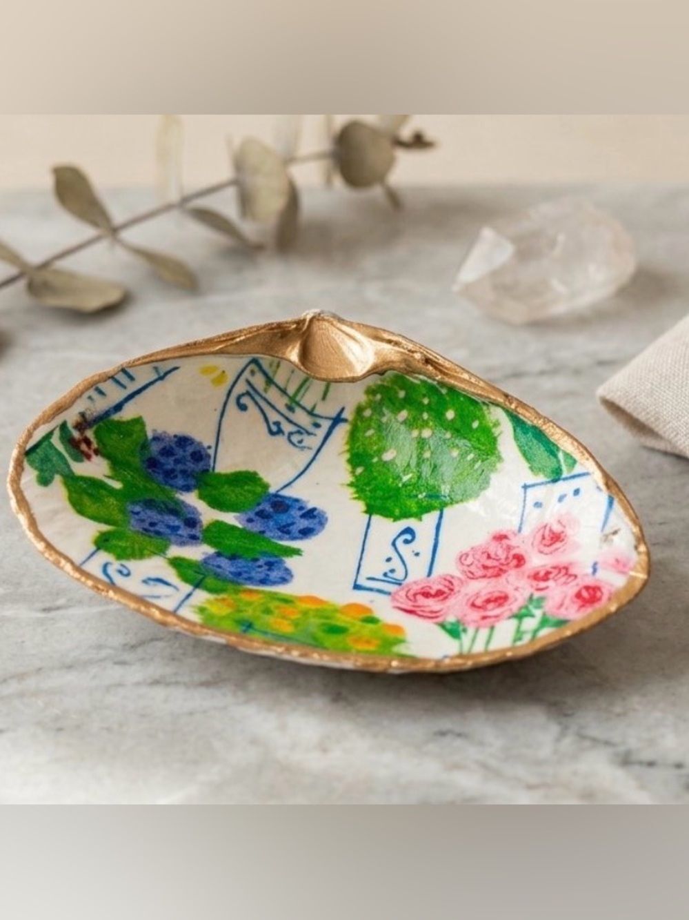 Decoupage Oyster Shell Trinket Dish Floral Berry Gold Rim Handmade Jewelry Bowl